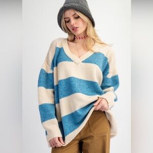 TRENDY! GORGEOUS EASEL RUGBY STRIPE PATTERN KNIT SWEATER